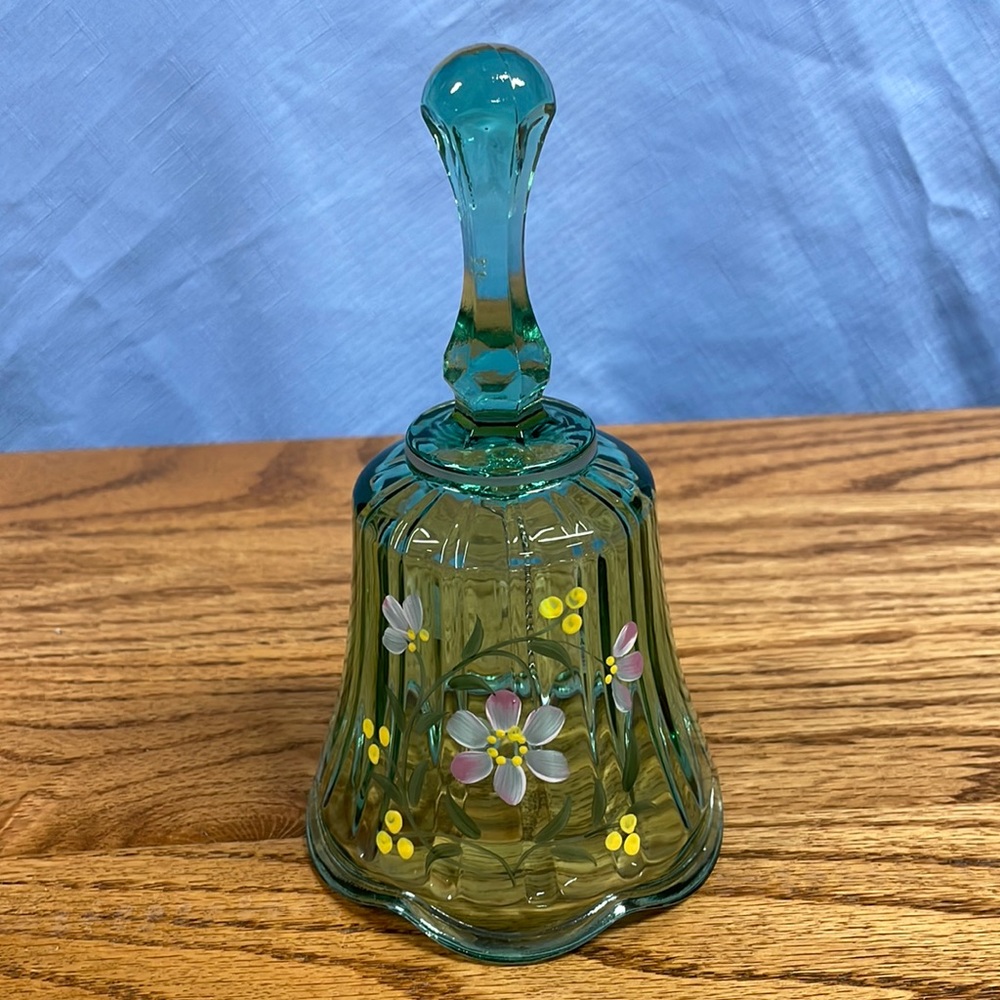FENTON Art Glass Green Bell FLOWERS HAND PAINTED SIGNED D BARBOUR